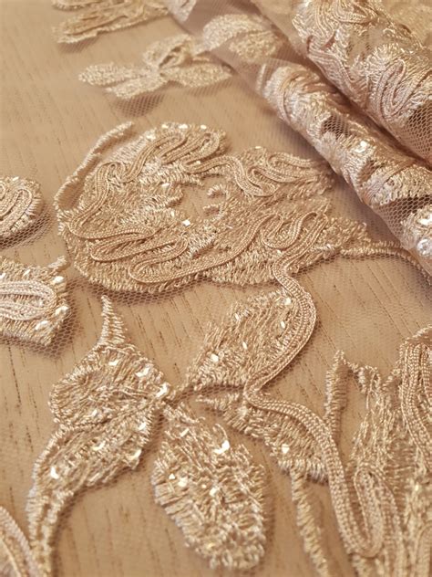 Beige Floral Pattern Embroidery With Sequins On Tulle Lace Fabric D