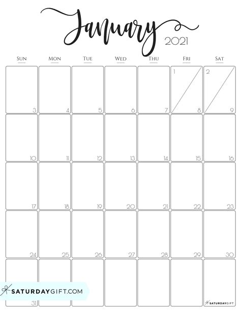 Cute And Free Printable January 2021 Calendar Saturdayt In 2020