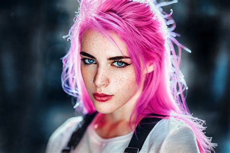 Woman Lipstick Model Girl Freckles Pink Hair Face Blue Eyes