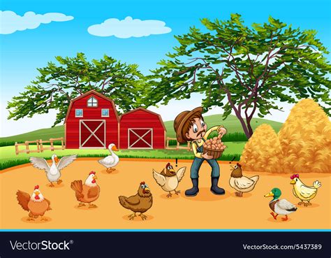 Farmer With Chickens And Eggs Royalty Free Vector Image