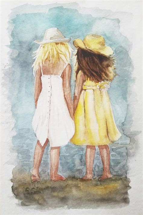 Two Sisters Holding Hands Original Watercolor Painting Sister Etsy