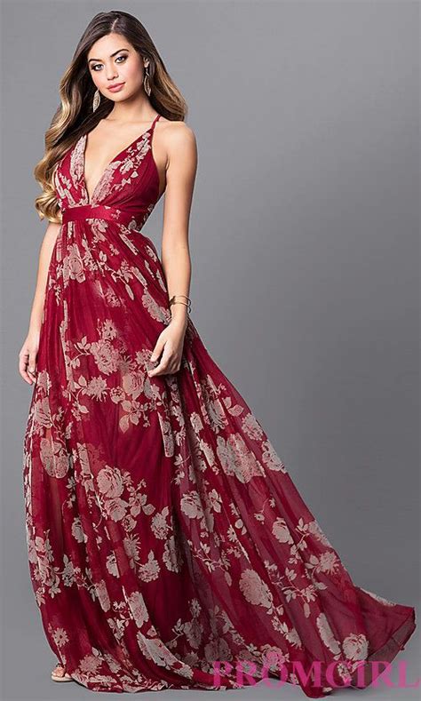 Floral Print V Neck Long Prom Dress With Empire Waist Floral Dress