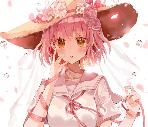 Download 2480x2139 Anime Girl Short Pink Hair Straw Hat