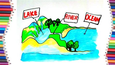 Rivers looks like snakes slithering away, whereas lakes are more like huge puddles of water. HOW TO DRAW LAKE,RIVER AND OCEAN CONCEPT FOR KIDS - YouTube