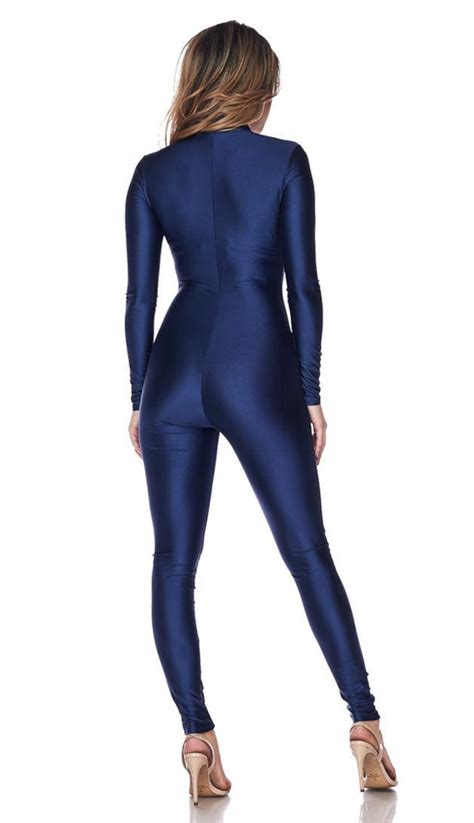 Nylon Spandex Zip Up Long Sleeve Jumpsuit Royal Blue
