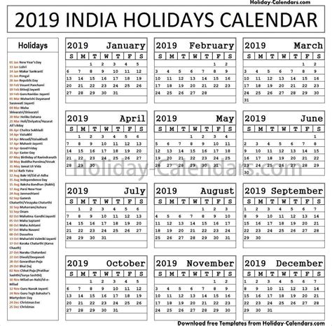 India Bank Holidays 2019 Template National Holidays In India 2019 