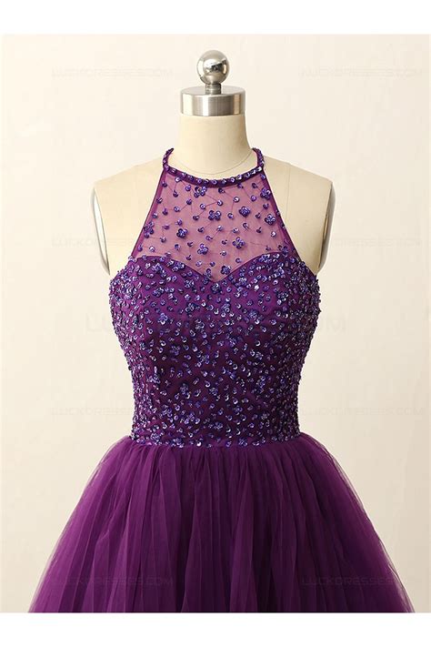A Line Short Sequins Purple Prom Evening Bridesmaid Cocktail Homecoming