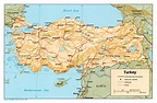 Grande detallado mapa político de Turquía con relieve, carreteras ...