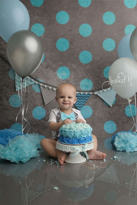 Grey And Blue First Birthday Cake Smash Session For Boys First Birthday