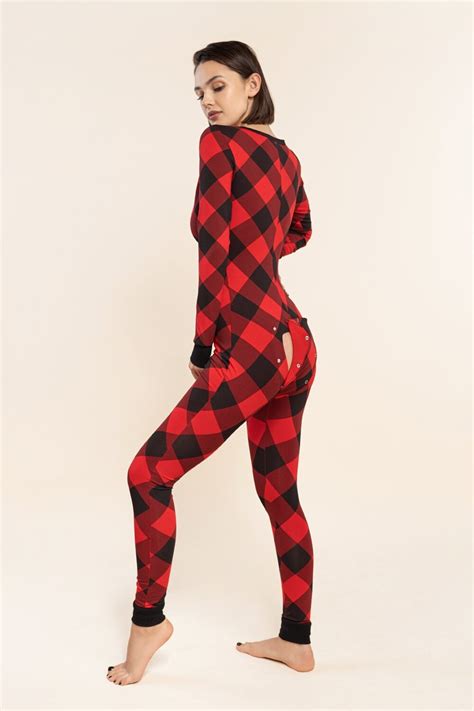 Pajama With Open Butt Flap Sexy Sleep Suit Black Red Checkered Etsy