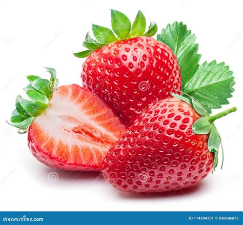 Three Strawberries With Strawberry Leaf On White Background Stock