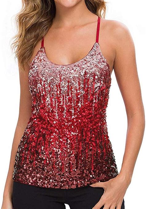 Cucuham Womens Sequin Tops Glitter Party Strappy Tank Vest Camis060