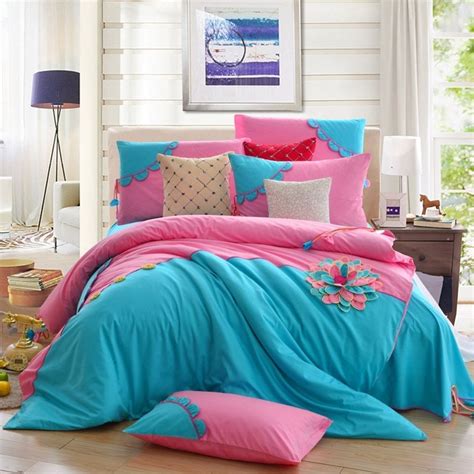 Pink And Teal Flower Pattern Modern Chic Applique Design Girls Luxury 100 Organic Cotton Full