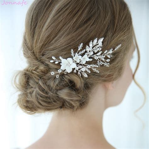 Jonnafe Charming White Porcelain Flower Bridal Hair Pin Clip Beaded