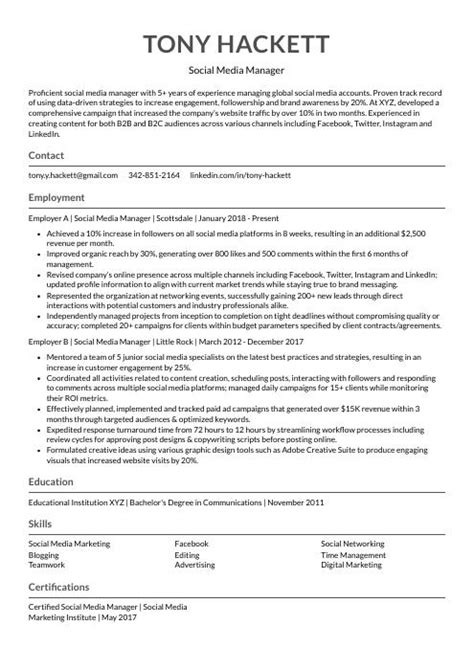 Social Media Manager Resume Cv Example And Writing Guide