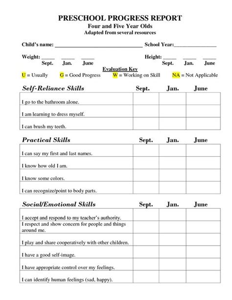 Preschool Progress Report Template Childcare Preschool Assessment