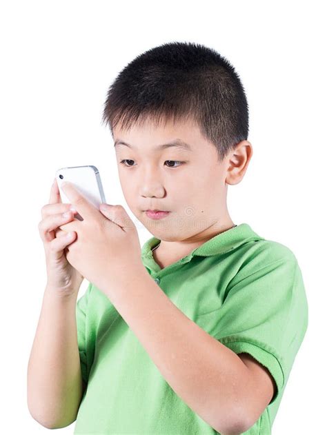 Little Boy With Mobile Phone Isolated On White Background Stock Photo