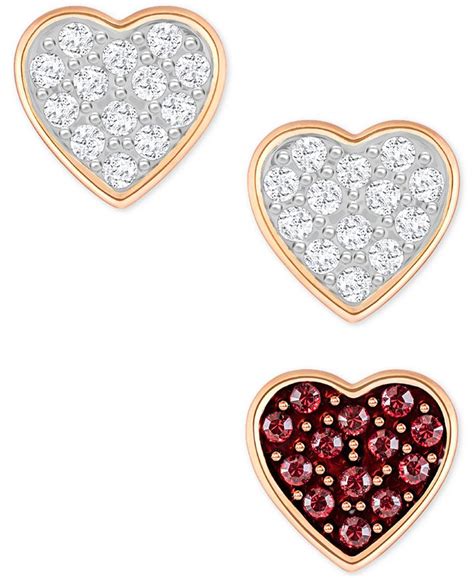 Swarovski Rose Gold Tone 3 Pc Set Single Crystal Heart Stud Earrings