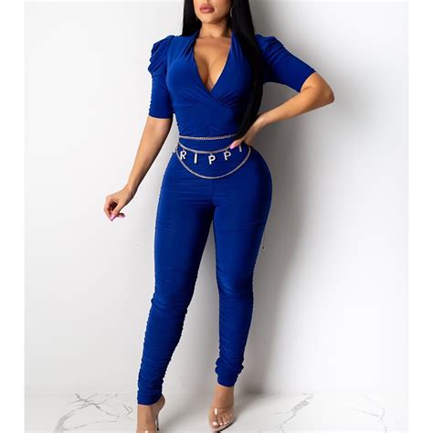 Plus Size V Neck Rompers Womens Jumpsuit Summer 2020 Solid Color Long Jumpsuit Sexy Club Outfits