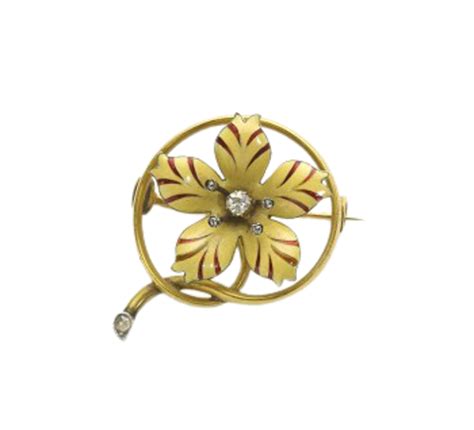 Antique Enamel Diamond And Gold Flower Brooch Circa 1890