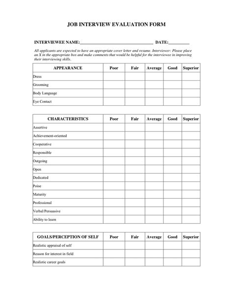 Job Interview Evaluation Form In Word And Pdf Formats