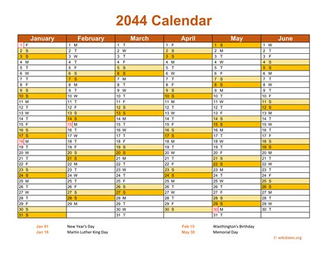 2044 Calendar On 2 Pages Landscape Orientation