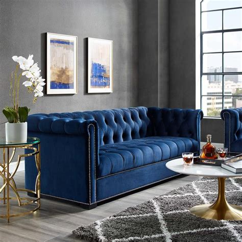 Modway Heritage Midnight Blue Upholstered Velvet Sofa Blue Living Room