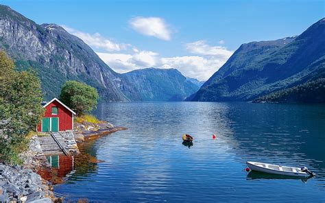 Fjord In Norway Fjord House Mountains Norway Boats Hd Wallpaper