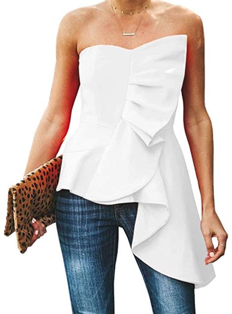 Valphsio Womens Ruffle Party Blouse Strapless Asymmetrical Peplum Statement Top Shirts Medium