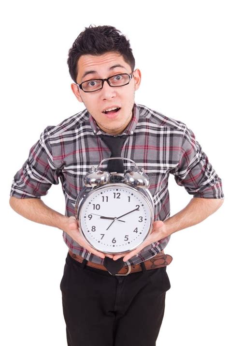 Man With Clock Trying To Meet The Deadline Isolated Stock Photo Image