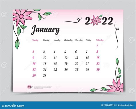 Calendar 2022 Template With Pink Flowers Background January 2022