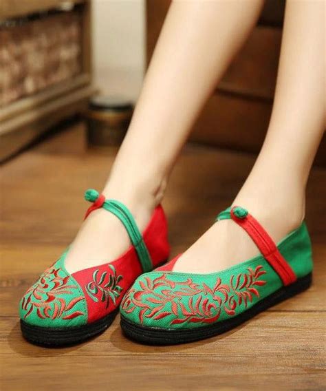 Green Flat Shoes Embroideried Cotton Fabric Women Splicing Flat Shoes