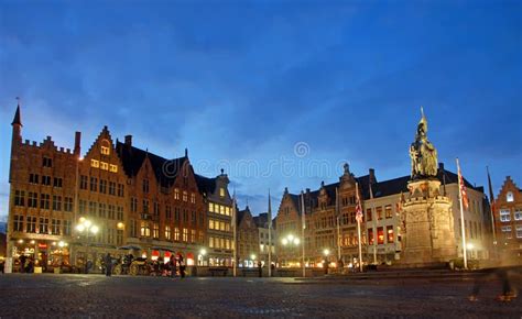 The Market Square In Brugge Belgium At Night Editorial Stock Photo