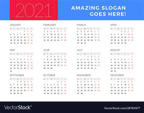 Calendar For 2021 Year Week Starts On Monday Vector Image