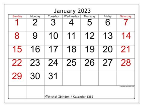 January 2023 Printable Calendar “62ss” Michel Zbinden Uk