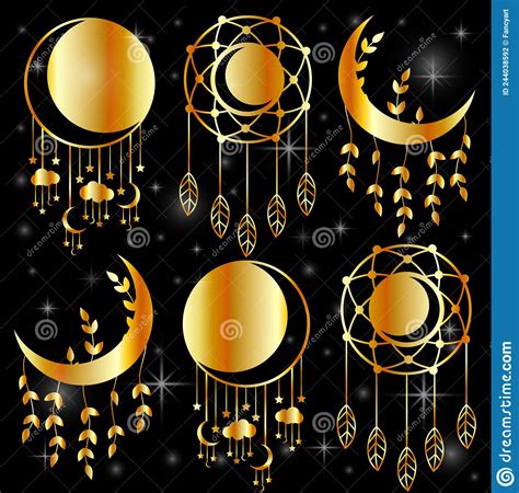 Mystic Moon Decorative Dream Catchers In Gold Stock Vector