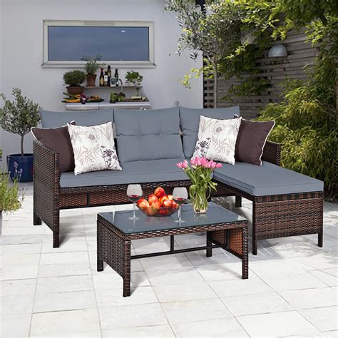 Costway 3pcs Patio Wicker Rattan Sofa Set Outdoor Sectional