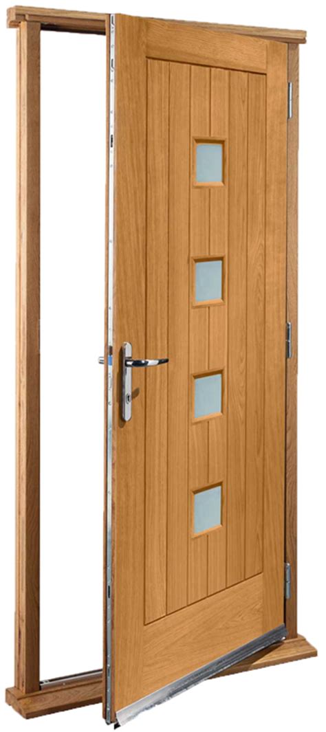 Fibreglass composite exterior doors are available in a variety of finishes including a wood grain or smooth finish that can be stained. Pre-finished Oak Pre-hung Door set