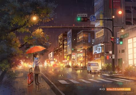Wallpaper Anime Girl Raining Artwork Night Lights