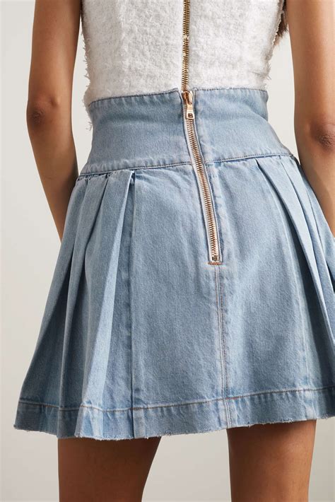 Balmain Embellished Distressed Pleated Denim Mini Skirt Net A Porter