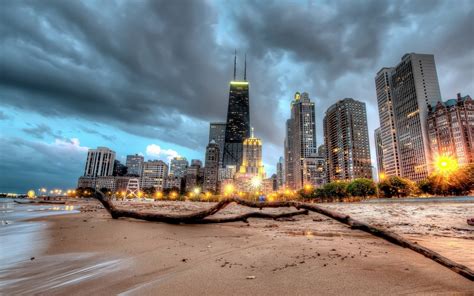 Chicago City Night Lights Hdr Long Exposure Beach Wallpapers Hd