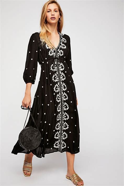 Nwt Free People Embroidered Fable Midi Dress L Large Black Freepeople