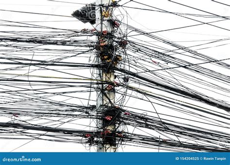 Messy Chaos Of Cables With Wires On Electric Pole On White Background