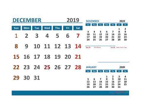 Printable Calendar December 2019 With Holidays 1 Month On 1 Page
