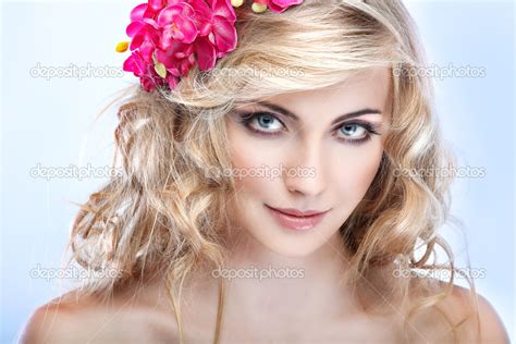 Closeup Portrait Of Sexy Whiteheaded Young Woman With Beautiful Blue