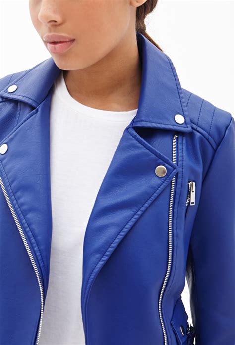 lyst forever 21 faux leather moto jacket in blue