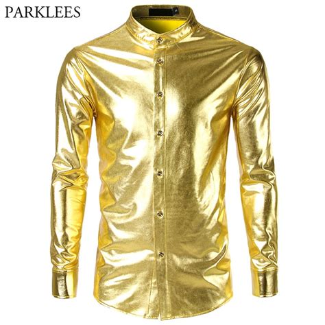Shiny Gold Metallic Shirt Men 2018 New Night Club Mens Dress Shirts