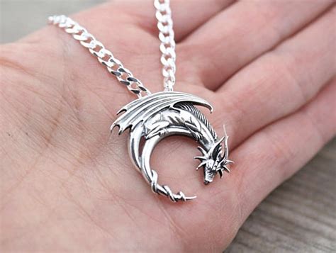 Sterling Silver Dragon Necklace Winged Dragon On Moon Etsy