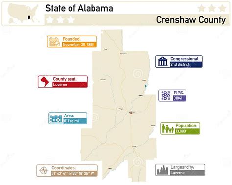 Infographic And Map Of Crenshaw County In Alabama Usa Stock