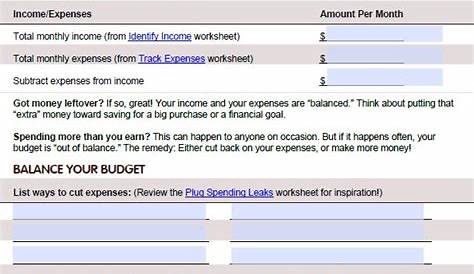 income vs expenses worksheets